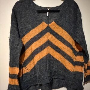 Free People Gray and Orange V-Neck Sweater